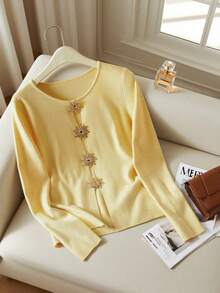 Franclia Metal Button Closure Slim Fit Crew Neck Long Sleeve Top, Suitable For Commuting Fall Winter Cloth For Women - Yellow - View 1