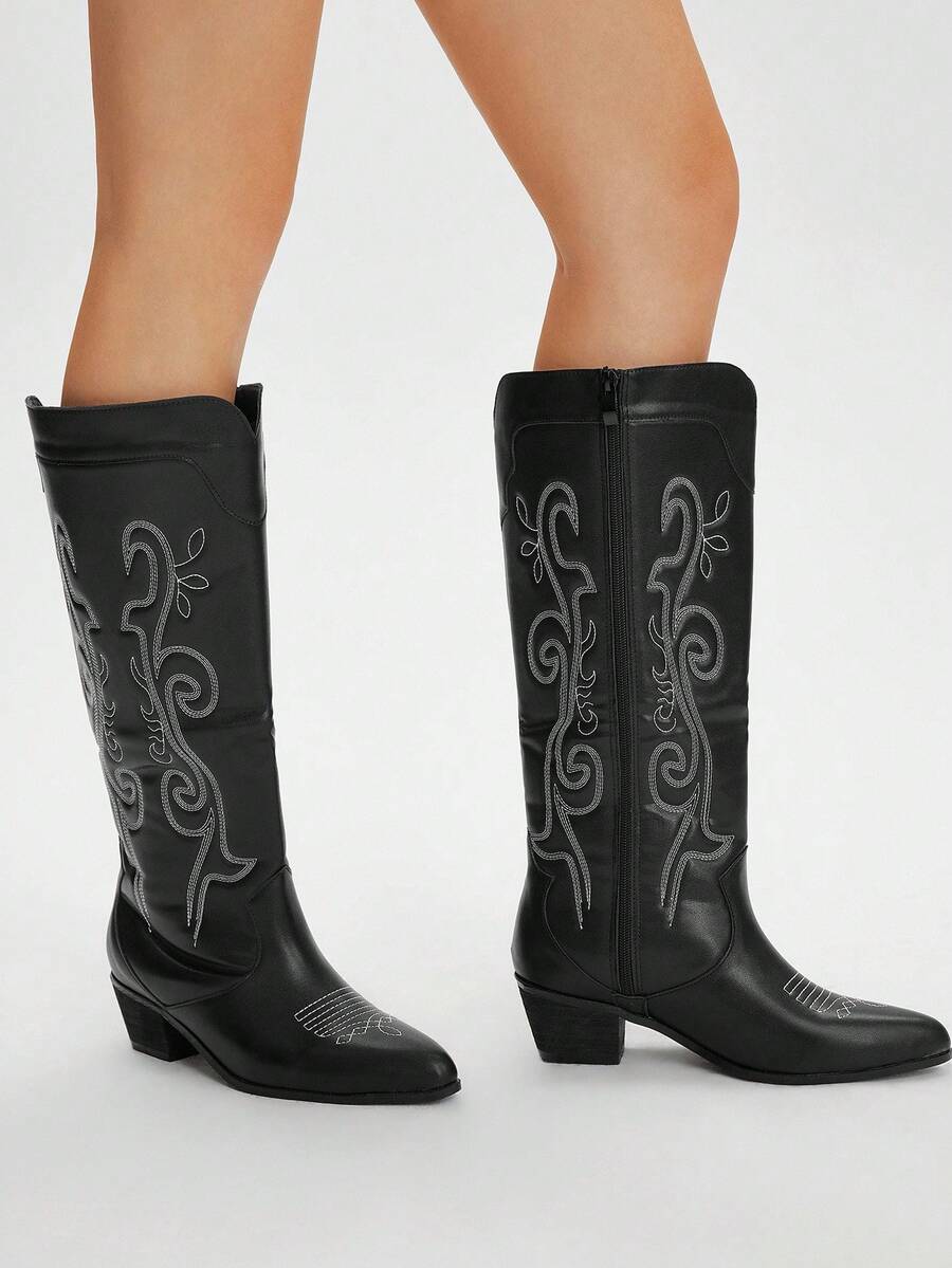 Styleloop Women's Studded, Zipper, Embroidered Decor Chunky Heel Pointed Toe Slip-On Boots, Suitable For Festivals, Outdoor, Black Boots, Ladies Boots, Western Boots - Black - View 1