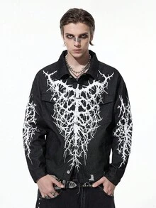 ROMWE MEN Goth 男士短款牛仔夹克，复古街头风格 - 黑色 - 查看 8