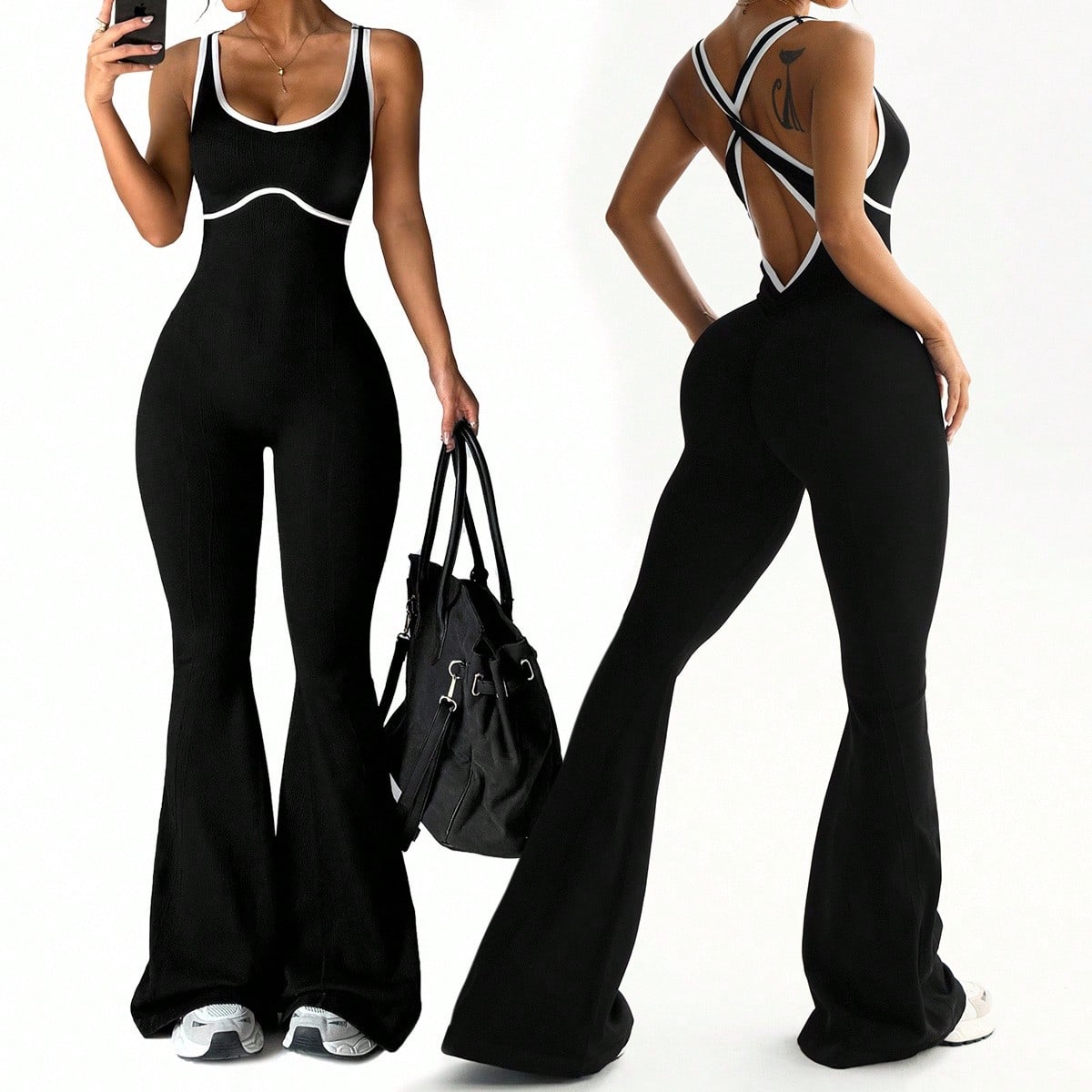 Pieza Conjunto de top sin mangas y pantalones acampanados de mujer para yoga, fitness, ejercicio y gimnasia con cuello redondo y contraste de color ac