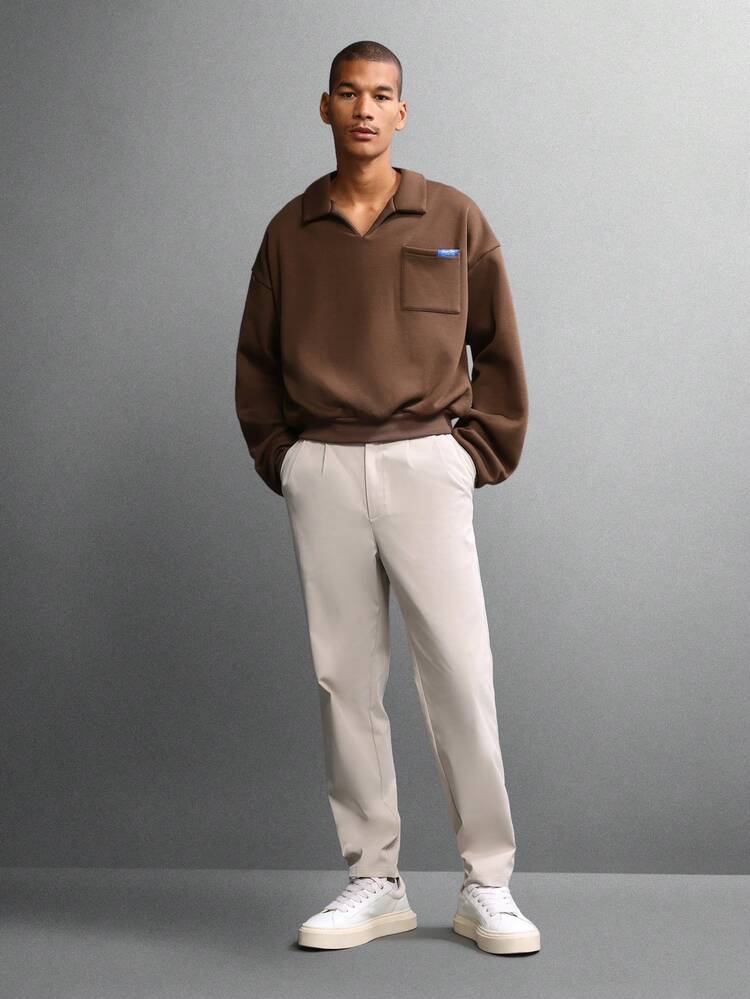 Essential Crop Sweatshirt With Collared Neck And Patch Pocket