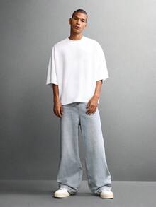 SUMWON 超宽腿宽松低裆浅色水洗牛仔裤 滑板风街头风宽松全长休闲时尚裤 纯色 - 藍色 - 查看 4