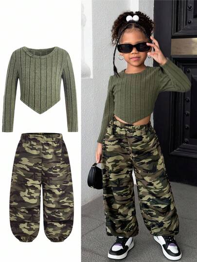 2pcs Baby Girl Green Casual Comfortable Versatile Solid Color High Stretch Brushed Ribbed Long Sleeve Top + Camouflage Pattern Loose Drawstring Pants Set, Autumn/Winter Fall