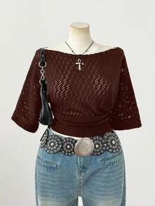 Sunspun 大码女式时尚优雅深色 Y2K 风格短袖针织上衣，适合春夏秋装，适合通勤 - 咖啡棕 - 查看 7