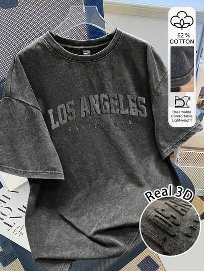 Attitoon Oversized 3D Los Angeles Graphic T-Shirt, Casual Minimalist Design, Black Knit Fabric With Flocking Print, Suitable For Summer, Sports Season, Back To School, 62% Cotton