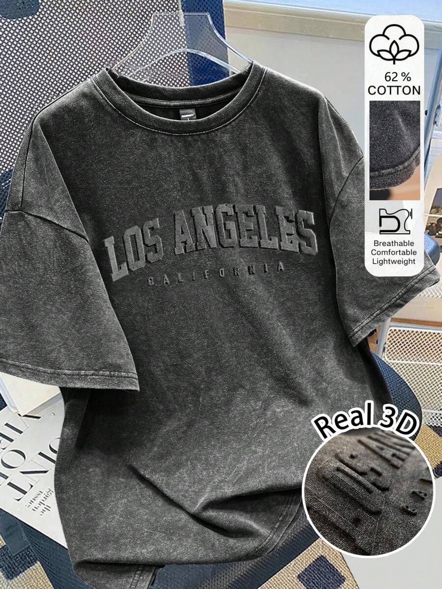 Attitoon Áo thun họa tiết Los Angeles 3D cỡ lớn, thiết kế tối giản, giản dị, vải dệt kim màu đen in họa tiết nhung, phù hợp cho mùa hè, mùa thể thao, trở lại trường, 62% cotton - Nhiều màu - Xem 1