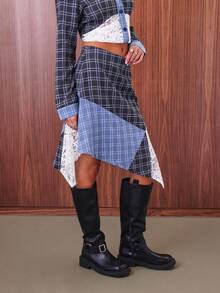 COUREZ Asymmetric Midi Skirt WIth Patchwork Lace And Check /Y2K Going Out Outfits  Women Clothes  Clothes Cute Spring Clothes For Women Lace Skirt - Multicolor - View 5