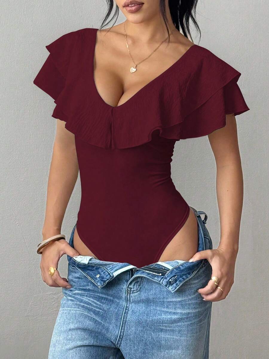 Rafferiza Women's Solid Color Ruffle Collar Fitted Elegant Bodysuit - Burgundy - View 1