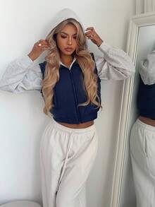 Aloruh 秋冬女士简约海军蓝领口袋宽松棉服外套 - 藏蓝色 - 查看 7