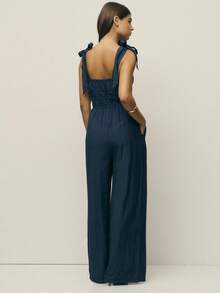 Nöista Bộ đồ liền thân ống rộng xếp ly màu trơn đơn giản mùa hè dành cho nữ - Màu xanh hải quân - Xem 5