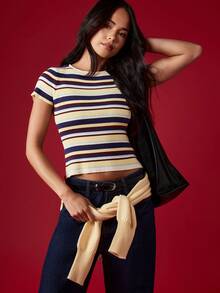 MISSGUIDED Knitted Stripe Baby Tee Ribbed Crop Top Multi Color Short Sleeve Fitted Summer Y2K Retro Fashion 90s Style Casual Sweater Top - Multicolor - View 1
