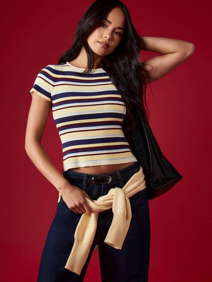 MISSGUIDED Knitted Stripe Baby Tee Ribbed Crop Top Multi Color Short Sleeve Fitted Summer Y2K Retro Fashion 90s Style Casual Sweater Top - Multicolor - View 1