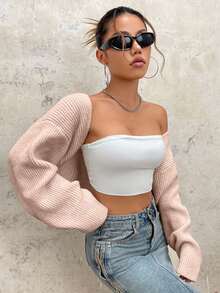 EURMUSE Y2K Grunge Drop Shoulder Open Front Crop Cardigan Without Tube Top - Coral Pink - View 5