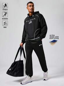 Manfinity Sport Polished Men's Letter & American Flag Print Raglan Sleeve Drawstring Sweatshirt - Black - View 5