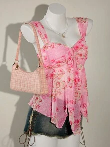 SHEIN ICON Áo nữ đi nghỉ mát in hoa xếp ly thời trang ngày Quốc khánh 4 tháng 7, áo hè dễ thương, áo đi chơi, áo hoa hồng, áo hồng xinh xắn, áo babydoll hồng, áo hè hồng - Hồng - Xem 4