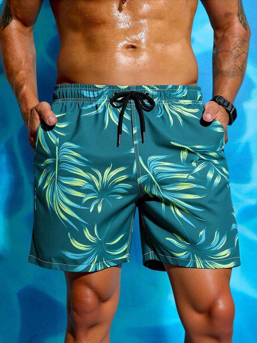 Manfinity Swimmode Men's Casual Plant Print Beach Shorts, Summer,Outdoor Sports Trunks Swim Wear, Hawaiian Men Beachwear Men's Matching Swim Trunks