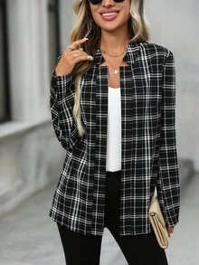 EMERY ROSE 女式格子长袖开襟休闲宽松夹克 - 黑色 - 查看 5