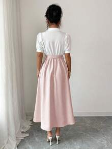 Elenzga 女士优雅浪漫度假和办公室通勤拼色衬衫领中长连衣裙 - 粉色 - 查看 2