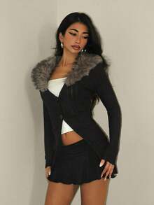 EgrlEra Women's Black Faux Fur Collar Patchwork Fitted Jacket - Black - View 4