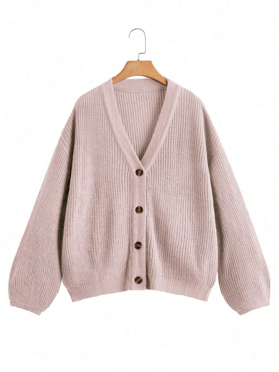 Omancia White Lantern Sleeve Button Front Ribbed Loose Knit Cardigan, Spring/Summer Fall Winter Cloth For Women - Apricot - View 1