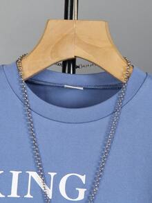 SHEIN 4-7 岁儿童春秋两件套，长袖上衣，字母印花和圆领，休闲针织慢跑裤，适合上学、通勤、运动、节日、圣诞节、万圣节 - 霧霾藍 - 查看 6