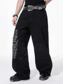 ROMWE MEN Goth Men's Fashion Dark Embroidery Loose Fit Jeans - Black - View 1