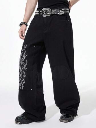 Grunge Punk Jeans de ajuste holgado con bordado oscuro para hombre