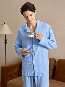 EverLounge Gentleman Vintage British Style Old Money Pattern Pajamas Set For Men - Blue - View 5