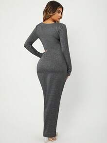 SHEIN SXY 秋季大码休闲纯色圆领长袖连衣裙 - 深灰色 - 查看 2