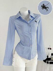 Elamini 1 pieza Camisa casual, diaria, universitaria y versátil de mujer de ajuste ceñido con rayas azules y bordado, de manga larga