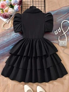 1pc Tween Girls European Princess Style White Elegant Ruffled Short Sleeve Cake Dress, Spring & Summer - Black - View 2