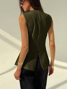 Aloruh Sleeveless Round Neck Minimalist Office Commute Blazer Jacket For Women With Metal Decor In Fall/Winter - Army Green - View 2