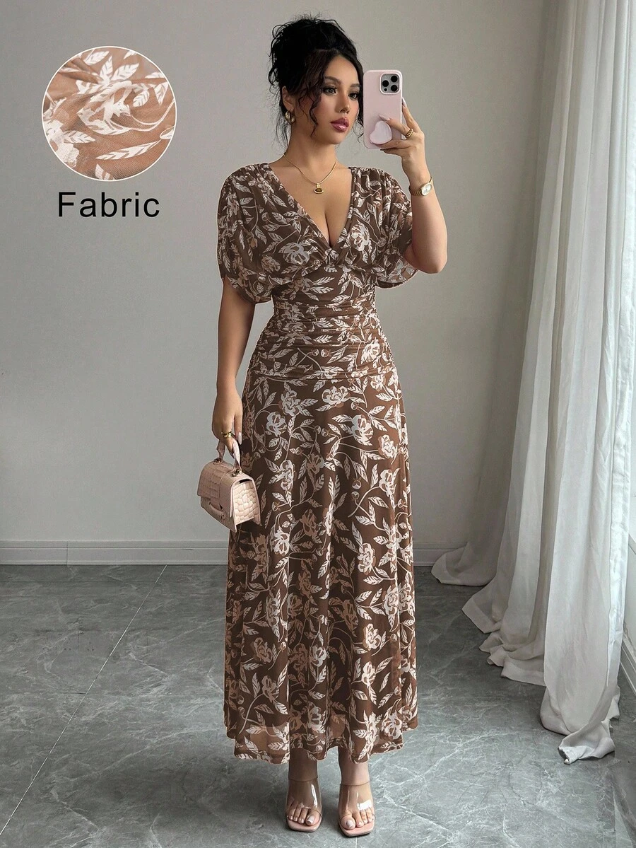 Elenzga Váy maxi chữ A dáng dài cổ chữ V buông vai thanh lịch kiểu Pháp dành cho nữ, thích hợp đi biển, tiệc trà chiều, tiệc tùng - Màu nâu Sô-cô-la - Xem 1