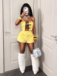 BamGleam Women's Buckle Design Hollow-Out Fluffy Sexy Cropped Tube Top - Yellow - View 3