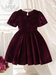 Glamorique Kids Young Girls Burgundy Velvet Bubble Short Sleeve A-Line Dress With Pearl Flower Decor, Pearl Round Neck Droplet Button, Retro Palace Style, Elegant For Christmas Party, Spring/Autumn  Princess  Halloween/Christmas Party Dresses For  Vacation  Autumn And Winter - Burgundy - View 2