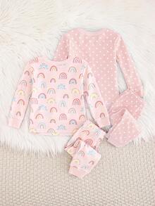 Cozy Pixies 4 件套女婴舒适睡衣套装 - 波尔卡圆点、彩虹、心形印花圆领长袖上衣和松紧腰长裤 - 淺粉色 - 查看 2