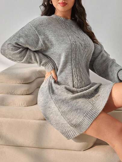EURMUSE Plus Size Casual Solid Color Round Neck Cable Knit Detailed Sweater Dress For Autumn And Winter Cable Knit Dress