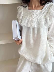 DAZY Delicate Textured Lace Ruffle Trim Women Pajama Set, Fall Clothes - White - View 8