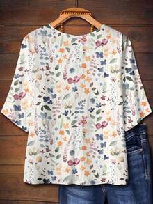 EMERY ROSE Ditsy Floral, Vintage Casual Minimalist Plus Size Shirt, Suitable For Autumn Chic Blouses Women,Fall Clothes Women,Flower/Spring/Summer/Vacation - Multicolor - View 7