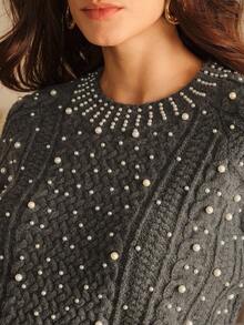 Anewsta 女士秋冬珍珠设计灰色毛衣，宽松针织套头衫，优雅冬日 - 灰色 - 查看 3