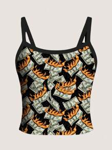 Shutterstock Regata Feminina de Alça Fina com Estampa de Dinheiro, Design Criativo de Moda de Verão, Parte Superior Estampada com Dinheiro, Roupa Y2K, Parte Superior Feminina Y2K, Tops de Verão Y2K, Adequado para Sair - Preto - Visão 6