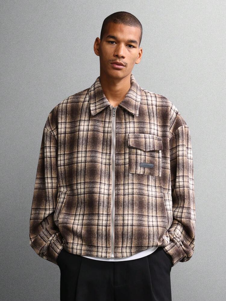 Plaid Flannel Harrington Jacket With Zip Closure