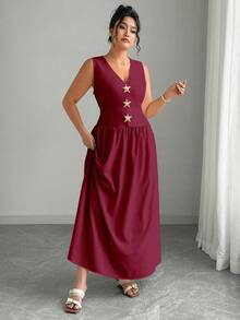 Elenzga Vestido maxi de mujer talla grande de unicolor con cuello en V sin mangas, decorado con broche de estrella de mar en la cintura, elegante y sofisticado - Burdeos - Ver 3