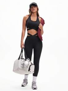 SHEIN Rhythm Era Leggings esportivas femininas premium pretas com patchwork de malha - Preto - Ver 3