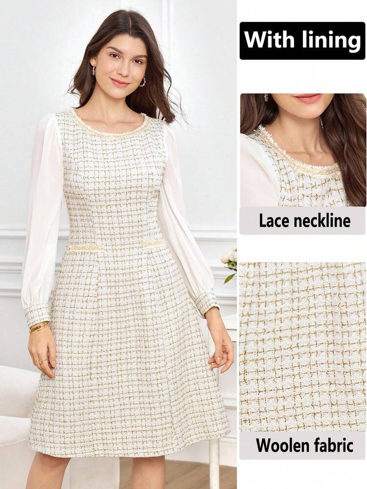 Women's Fall And Winter Dress, Tweed Fabric And Chiffon Splicing Design, Suitable For Wedding Guest Dress Elegant, Dresses For Wedding Guests, Waist Version A-Line Dress, Suitable For Going Out Party Occasions,White Dress New Year