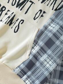 ROMWE MEN Prep Men's Letter & Plaid Patchwork Print Pullover Hoodie - Apricot - View 3