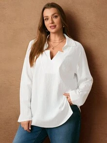 EMERY ROSE Plus Size Women's Winter Casual Commuter Plain Color Side Slit All White Casual Blouse Blouse Tops,Autumn/Winter,Winter For Women,Going Out,Fall For Women,Fall,2025 New,Casual Everyday Wear,Fall For Women,Winter Women,Comfortable And Breathable, V Neck Blouse, White Blouse Button Decoration,White Blouse,Soft And Comfortable,Breathable,Going Out,2025 New - White - View 3