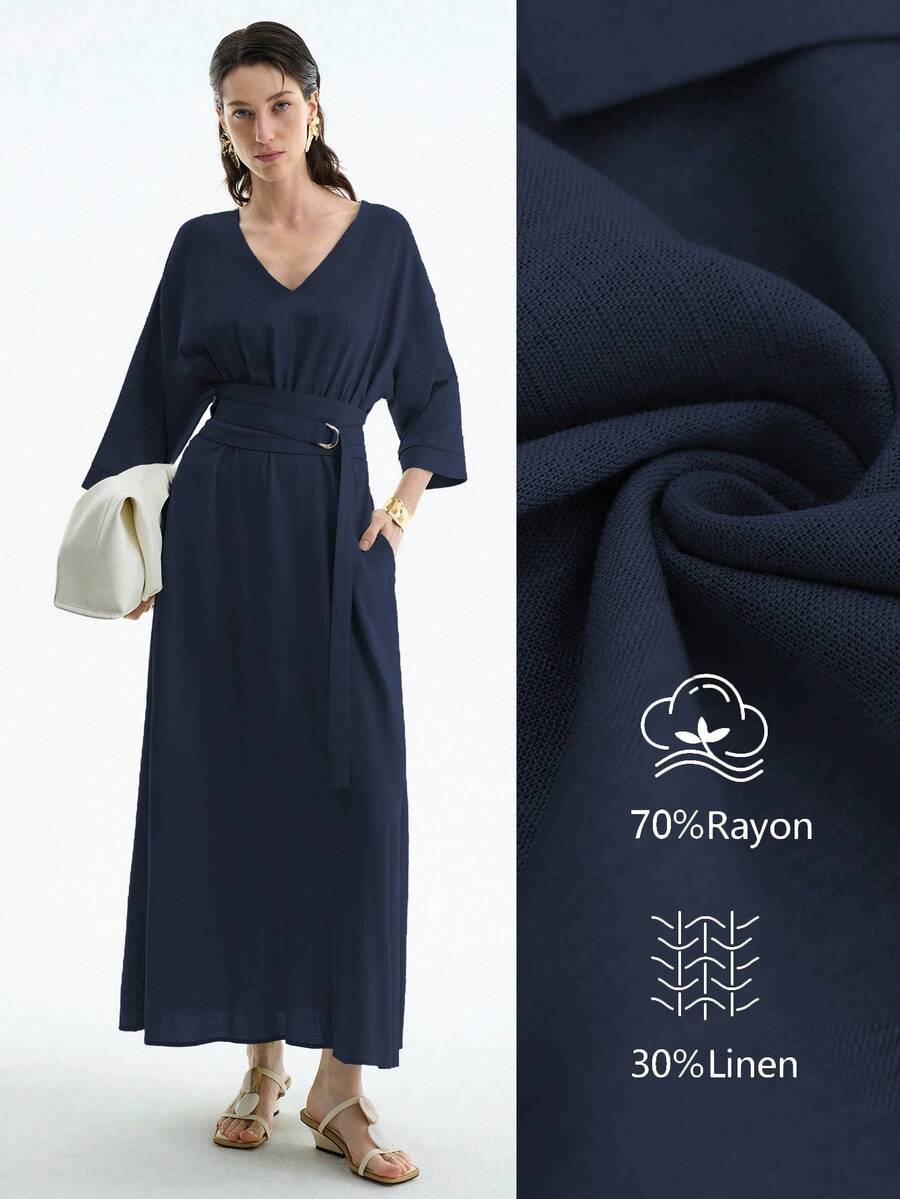 Aalyst 女士优雅简约高端时尚V领无袖收腰复古D形环扣装饰A字七分袖中长连衣裙，适合办公室、通勤、海滩、度假、音乐节等场合，纯色竹纤维面料 - 藏蓝色 - 查看 1