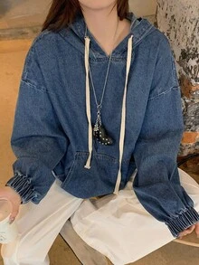 DAZY 女款純色口袋連帽休閒長袖牛仔襯衫校園風 - 藍色 - 查看 6