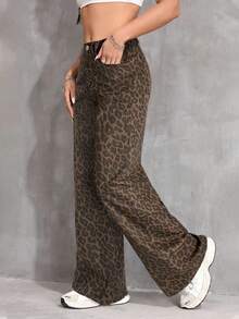 SHEIN Tween Girls Vintage 90s Leopard Print Loose Pocket Casual High Waisted Jeans Versatile Denim Wide Leg Jeans Y2k,Teacher Outfits For Girl,Back To School Outfits Girls,Church Dress,Business Casual Outfits Girl,Cargo Denim Jeans Dress,Girls Fall Winter Baggy Pants,High-Waisted Long Wide Leg Denim Jeans With All Over Leopard Print For Teens,Teen Girls Brown Leopard Print Wide Leg Denim Jeans For Streetwear Style, Leopard Print Pants, Wide Leg Pants, Animal Print Pants, Leopard Pants, Loose Pants - Brown - View 3